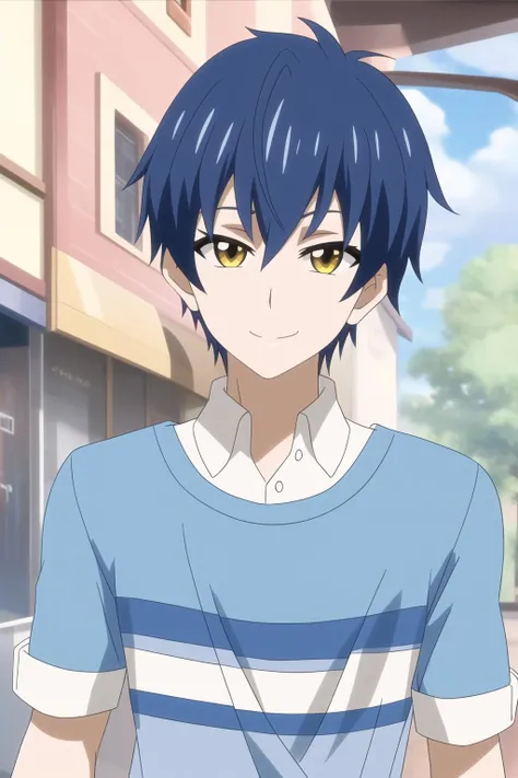 masterpiece, best quality, youle, 1boy, male focus, solo, blue hair, yellow eyes, looking at viewer, upper body, walking, light smile, t-shirt, black pants,