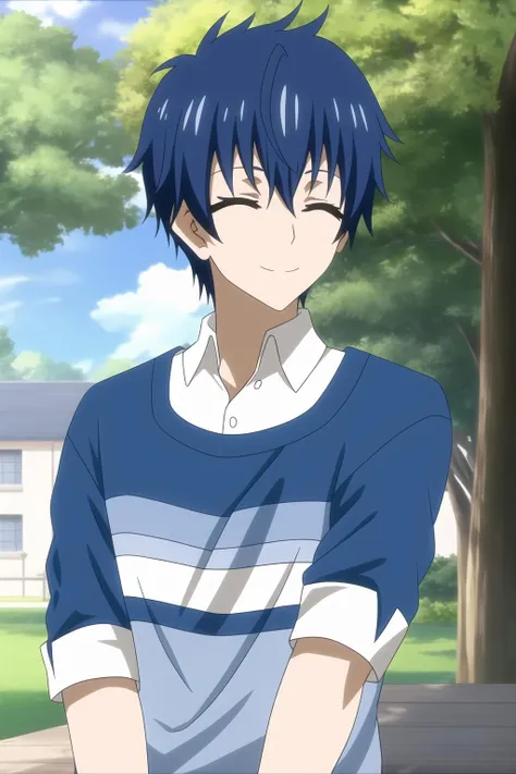 youle, 1boy, male focus, solo, blue hair, closed eyes, smile, shirt, upper body, outdoors,