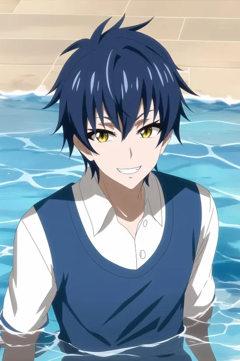 youle, 1boy, male focus, solo, blue hair, yellow eyes, looking at viewer, outdoors, crazy grin, sunlight, seaside, in water, afloat, black vest, jammers,