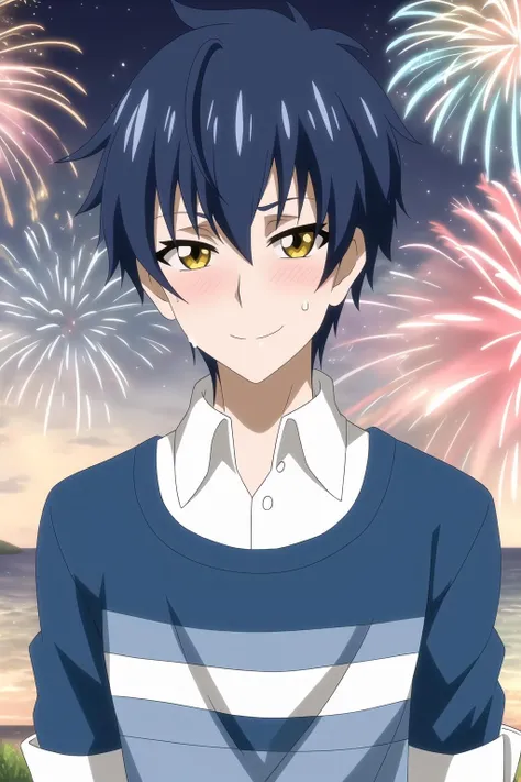youle, 1boy, male focus, solo, blue hair, yellow eyes, looking at viewer, outdoors, smile, aqua shirt, blush, shy, seaside, fireworks, sweat, night,