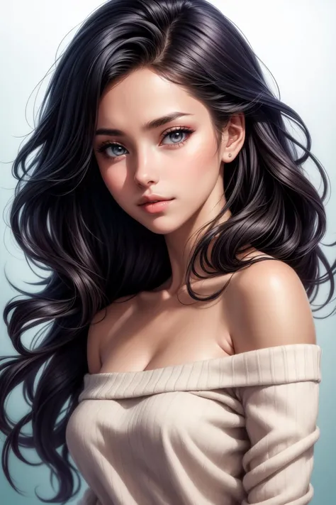 illustrator, anime , realistic , sketch , 1girl , lip , strapless off-shoulder Sweater , order , Blue gradient background , neon hair , Textured crop , long wavy hair, Canadian , (masterpiece,best quality) , glamour shot, ground-shot angle, eye-level shot, low-angle shot, active pose, dynamic angle, flirting, stunningly beautiful, amazing body, perfect body, perfect face, perfect breasts, medium breasts, smooth skin, silk skin, sensual, seductive, seducing body language, active pose, <lora:add_detail:0.6> , <lora:skin_tone_slider_v1:0.7>