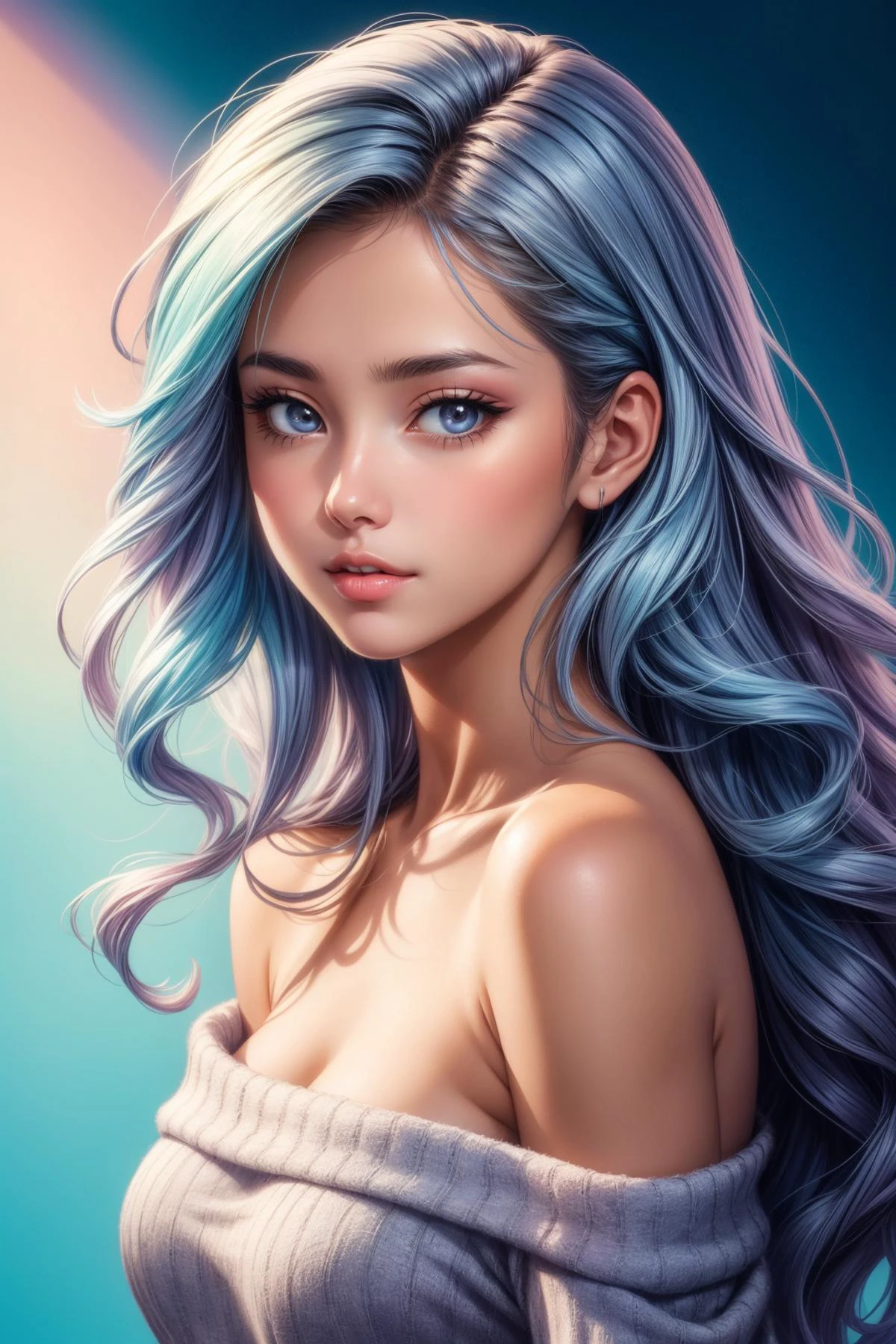 illustrator, anime , realistic , sketch , 1girl , lip , strapless off-shoulder Sweater , order , Blue gradient background , (vibrant hues of pastel-colored bright light hair), Textured crop , long wavy hair, Canadian , (masterpiece,best quality) , glamour shot, ground-shot angle, eye-level shot, low-angle shot, active pose, dynamic angle, flirting, stunningly beautiful, amazing body, perfect body, perfect face, medium breasts, smooth skin, silk skin, sensual, vibrant hues, turn around, backview, <lora:add_detail:0.6> , <lora:skin_tone_slider_v1:0.7>