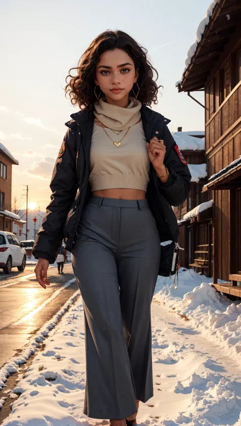 masterpiece, best quality, 1girl, zend4y4, curly hair, medium hair, floating hair, wind, fur-trimmed jacket, long pants, long skirt, snow, white scarf, feet out of frame, <lora:epiCRealismHelper:1>, heart earrings, heart necklace, <lora:skin_tone_slider_v1:2>, golden hour, warm glow, sunset, bloom, raytracing, ambient occlusion, feeling cold, cold, walking