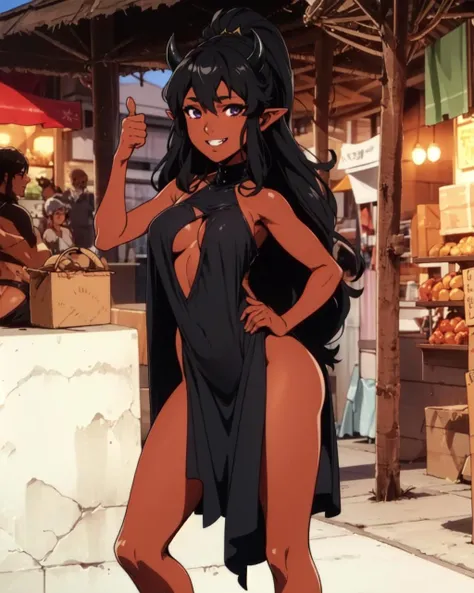 1girl, long black hair, black horns, gothic black dress, (medium breasts:0.5), (purple eyes), smile, buckteeth, pointy ears, full body portrait, (thumbs up:1.5), fantasy town market, <lora:TehdaveLora:0.4>, <lora:lora_serpieri_a5:0.4>, <lora:trigger_style:0.7>, Trigger Studio Artstyle, anime screencap, <lora:skin_tone_slider_v1:3>