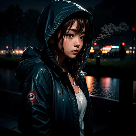 masterpiece, best quality, 1girl, japanese, brown hair, parted bangs, medium hair, brown eyes, parted lips, hooded jacket, unbuttoned, rain, wet, cold, blowing smoke,
<lora:skin_tone_slider_v1:1.5> <lora:eye_size_slider_v1:0> <lora:detailSliderALT2:0.5>, <lora:age_slider_v6:-1.8> , blue hour, twilight, ISO12000 , <lora:GoodHands-vanilla:1>