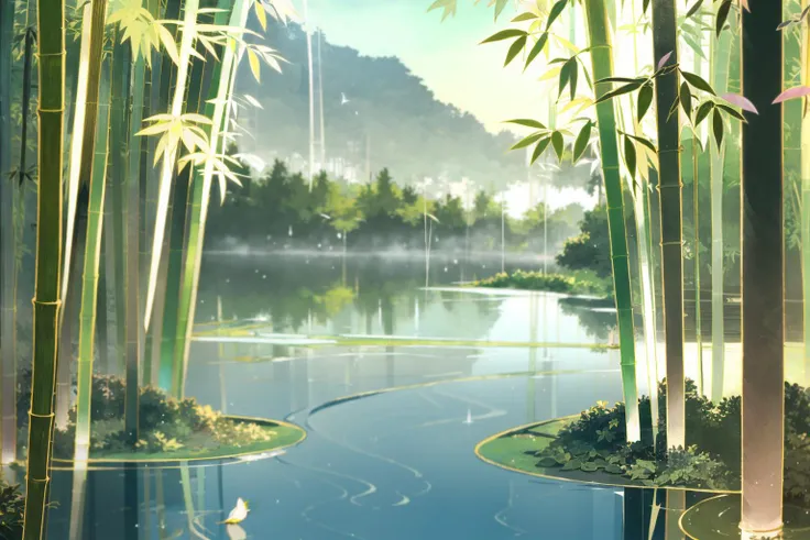 masterpiece, best quality,  <lora:fstyle03-000005:1>,outdoors, nature, bamboo, water, bird, scenery, animal, reflection, forest, lake, sky, cloud, solo, no humans, lily pad, mountain, fog, lying, leaf, day, bamboo forest, rain, black hair, 1boy, tree, long hair