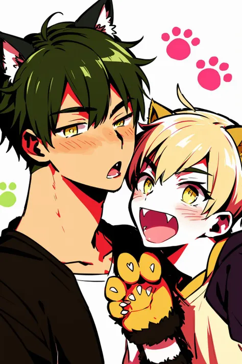 masterpiece, best quality, <lora:fstyle01-000010:1>,2boys, multiple boys, animal ears, male focus, blush, cat ears, animal hands, black hair, short hair, kemonomimi mode, yellow eyes, ?, gloves, shirt, open mouth, upper body, cat boy, blonde hair, fangs, yaoi, !?, wolf ears, paw gloves, tail, fang, white background, green hair