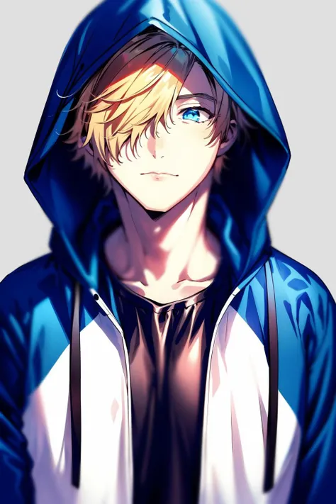 masterpiece, best quality, <lora:fstyle01-000010:1>, 1boy, male focus, hood, blonde hair, hair over one eye, jacket, hoodie, green eyes, solo, upper body, grey background, track jacket, hooded jacket, simple background, hood up, blue eyes, zipper, looking at viewer