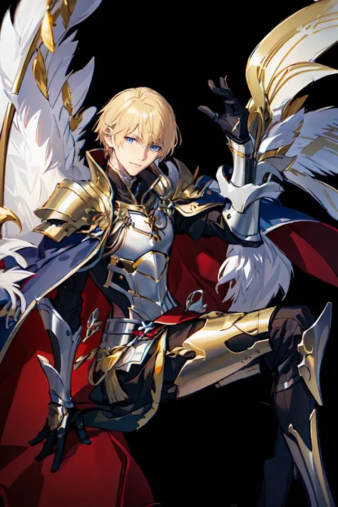<lora:fstyle02-128-c:1> fstyle02,, ultra detailed, masterpiece, best quality, aesthetic, detailed,, solo, smile, 1boy, blue eyes, medium blonde hair, parted bangs, hair intakes, male focus, muscular male,, armor, pauldrons, cuirass, gauntlets, waist cape, greaves, black bodysuit, surcoat, shoulder sash, wing shoulder armor, cape, pants,