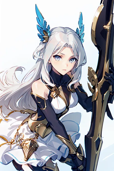 <lora:fstyle02-128-c:1> fstyle02, white and blue theme,, ultra detailed, masterpiece, best quality, aesthetic, detailed,, serious, 1girl, (white eyes:1.1), (grey eyes:1.3), white hair, very long hair, parted hair, parted bangs, <lora:parted_hair_v1.3:1.3>, medium breasts,, valkyrie, (bodysuit:1.1), pink wing hair ornament, grey armored skirt, black bodysuit, armor, gauntlets, pink breastplate, greaves, armored dress, pink hues,