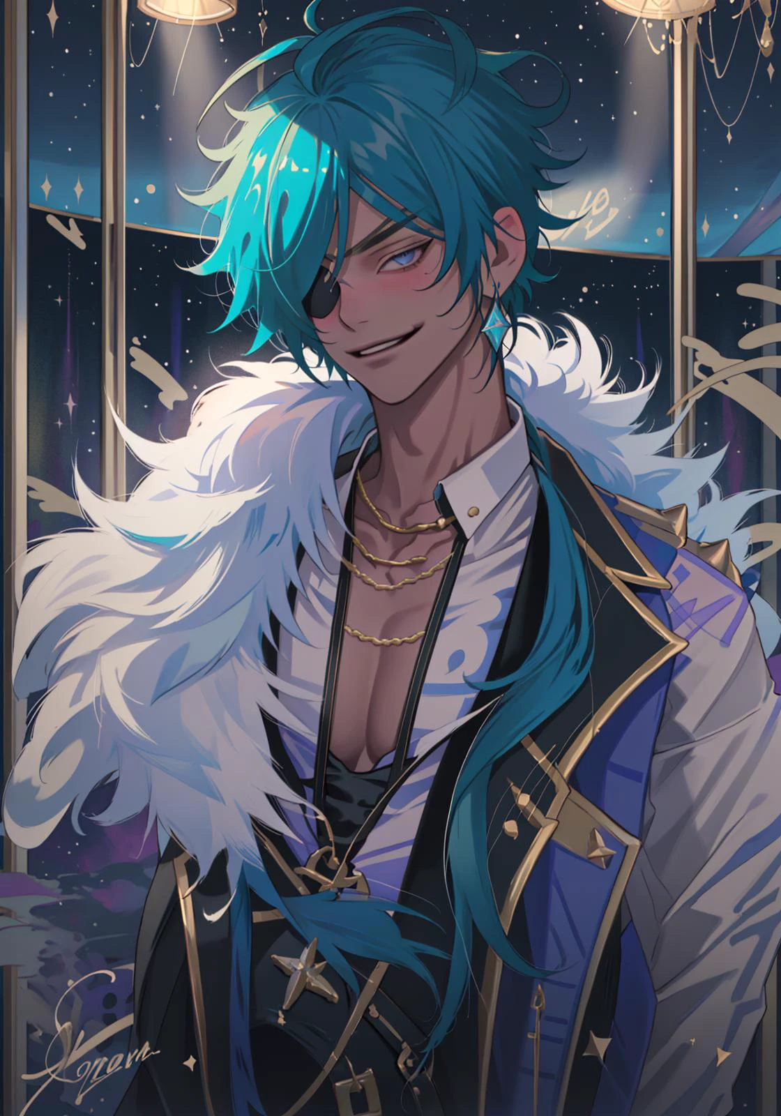 (masterpiece), best quality, kaeya (genshin impact), 1boy, male focus, (eyepatch), dark-skinned male, gloves, solo, jewelry, blue hair, earrings, (long hair), blue eyes, (soft coloring:1.1), bangs, black gloves, seductive smile, <lora:kaiya:0.9>, waist-high, bar background, tavern, (dimmed light:1.2), night, inviting view, sexy, <lora:fstyle04:1.0>