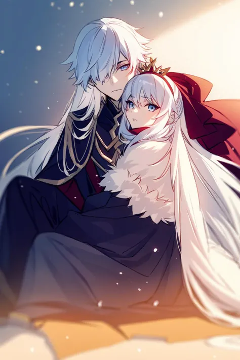 masterpiece, best quality,<lora:fstyle02-128-c:1>,fstyle02, 1girl, anastasia (fate), 1boy, long hair, blue eyes, white hair, fur trim, dress, doll, hair over one eye, hairband, very long hair, cape, sitting, yellow eyes, cloak, jewelry, jacket, looking at viewer, holding, white dress, ribbon, crown, bangs, snow