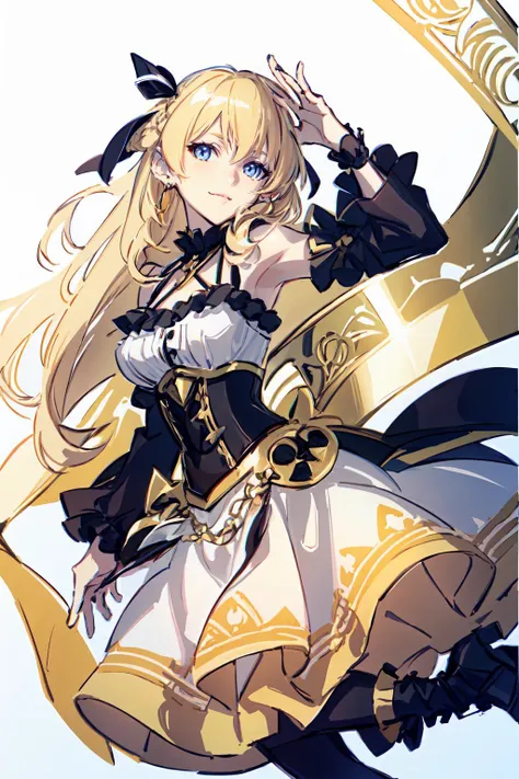 <lora:fstyle02-128-c:1> fstyle02, white and blue theme,, ultra detailed, masterpiece, best quality, aesthetic, detailed,, solo, soft smile, light smile,
1girl, blue eyes, very long hair, blonde hair, long blonde hair, french braid, bangs, medium breasts,, hair ribbon, frilled choker, criss-cross halter, sleeveless dress, high-waist skirt, backless dress, waist bow, detached sleeves, frilled sleeves, wide sleeves, pantyhose, patterned legwear, mary janes,