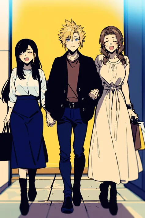 masterpiece, best quality,<lora:fstyle02-128-c:1>,fstyle02, 2girls, multiple girls, 1boy, cloud strife, blonde hair, tifa lockhart, spiked hair, aerith gainsborough, arm hug, skirt, black hair, bag, brown hair, long hair, closed eyes, jacket, shopping bag, holding another's arm, smile, casual, boots, watch, high heels, pants, open mouth, alternate costume, belt, full body, hetero, shirt, locked arms, handbag, blue eyes, jewelry, brown skirt, holding bag, long skirt, wristwatch, arm grab, sandwiched, girl sandwich, short hair