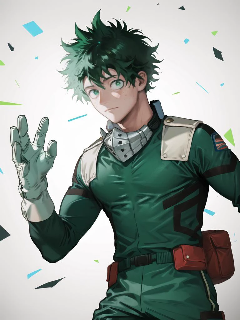 <lora:fstyle01-000010:1>,, best quality,masterpiece,highres,1boy, cowboy shot,, <lora:mha_midoriya-10:1>,midoriya izuku, short green hair, green eyes,green bodysuit, white gloves