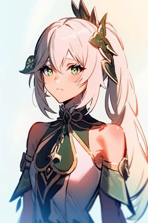 masterpiece, best quality,<lora:fstyle02-128-c:1>,fstyle02,<lora:nahida:1>,1girl,white hair,long hair,ponytail,hair ornament, white dress,upper body, green background,simple background,