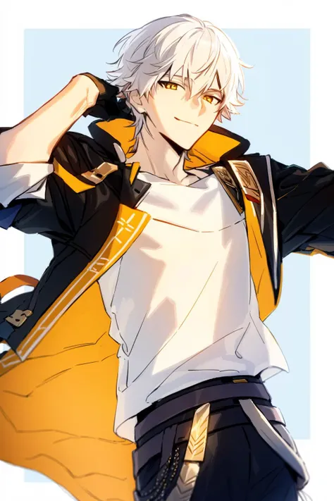 masterpiece, best quality, <lora:fstyle02-128-c:1>,fstyle02,
 <lora:trailblazer:1>,trailblazer, 1boy, male focus, solo,gloves, short hair,white hair,bangs,yellow eyes,white shirt,jacket,pants,belt,open jacket,jewelry, coat,simple background, grin,