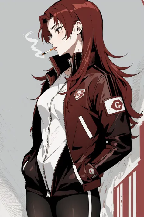 (best art :1.3),
white skin,red hair,(1 stacked girl smoking a cigarette,hands in pockets,smoking,Gebura,smoking,cigarette,black bodysuit, red jacket,:1.3),tall,perfect hands,perfect fingers,
ultra high res, masterpiece, best quality,
<lora:Gebura:1> <lora:smoking_cigarettes_anime_v1:0.3>