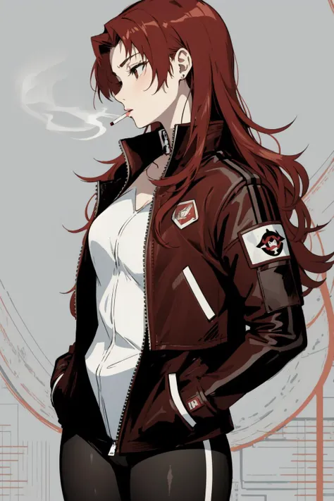 (best art :1.3),
white skin,red hair,(1 stacked girl smoking a cigarette,hands in pockets,smoking,Gebura,smoking,cigarette,black bodysuit, red jacket,:1.3),tall,perfect hands,perfect fingers,
ultra high res, masterpiece, best quality,
<lora:Gebura:1> <lora:smoking_cigarettes_anime_v1:0.3>