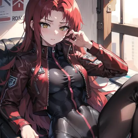 masterpiece, best quality, 1girl, gebura, yellow eyes, red hair, long hair, muscular, black bodysuit, red jacket, <lora:Gebura-02:1>