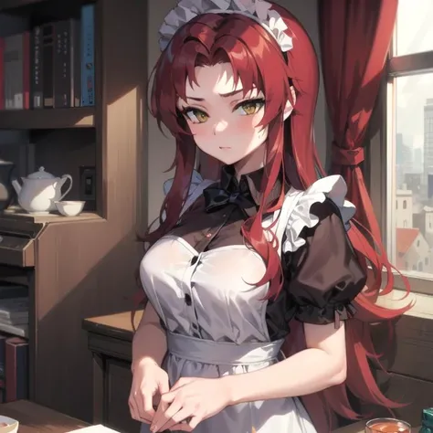 masterpiece, best quality, 1girl, gebura, yellow eyes, red hair, long hair, muscular, maid outfit, <lora:Gebura-02:1>