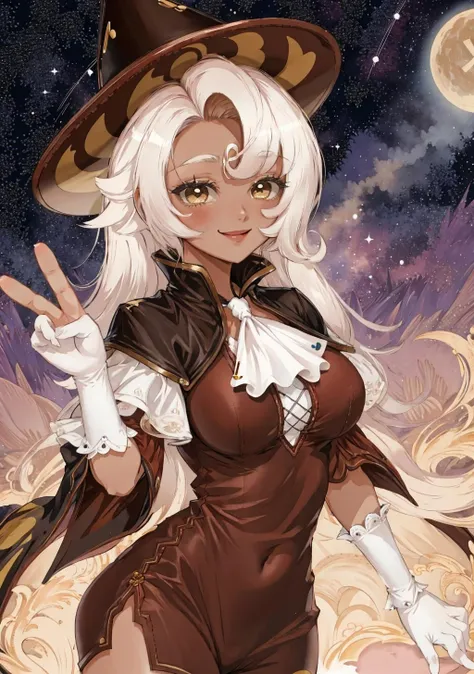 (masterpiece, best quality, highres, ultra detailed:1.2), (solo, 1girl, cowboy shot), (double peace sign, peace sign:1.6), latte, large witch hat, (dark skin:1.3), white hair, white eyelashes, brown eyes, white gloves, white thighhighs, black capelet, ascot, brown dress,
BREAK, smile, closed mouth, (dynamic pose, standing, one leg up), 
BREAK, (night, star (sky), moon)