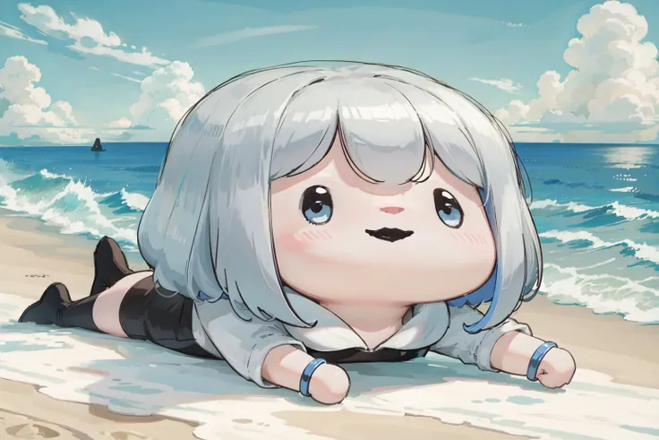 natural lighting, soft lighting, HDR (High Dynamic Range), Maximum Clarity And Sharpness, Multi-Layered Textures,(fresh and cool,bright color,cool breeze,beach,beautiful and cute smile,professional model,:1.3), <lora:style_walfie:0.8> chibi <lora:Sacabambaspis:1> sacabambaspis,fish,