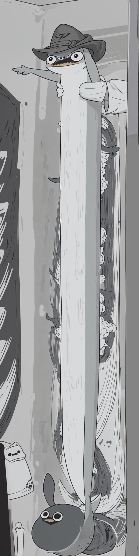<lora:Sacabambaspis:1> (sacabambaspis,solo,1 very long fish,Face facing the viewer,open mouth, triangular mouth,sharp teeth:1.4),(gray and white:1.3),
ultra high res,(vector art,cartoon,cute graffiti,stupid graffiti,simple graffiti arti:1.3)
good detailed, (glowing background),
best quality, wide-angle Hyperdetailed, masterpiece, 8k, natural lighting, soft lighting, sunlight, HDR (High Dynamic Range), Maximum Clarity And Sharpness, Multi-Layered Textures, <lora:LongcatMemeSolo:1> IncrsLcmSolo, full body, <lora:Perry:0.5> Perry the Platypus,cowboy hat,
