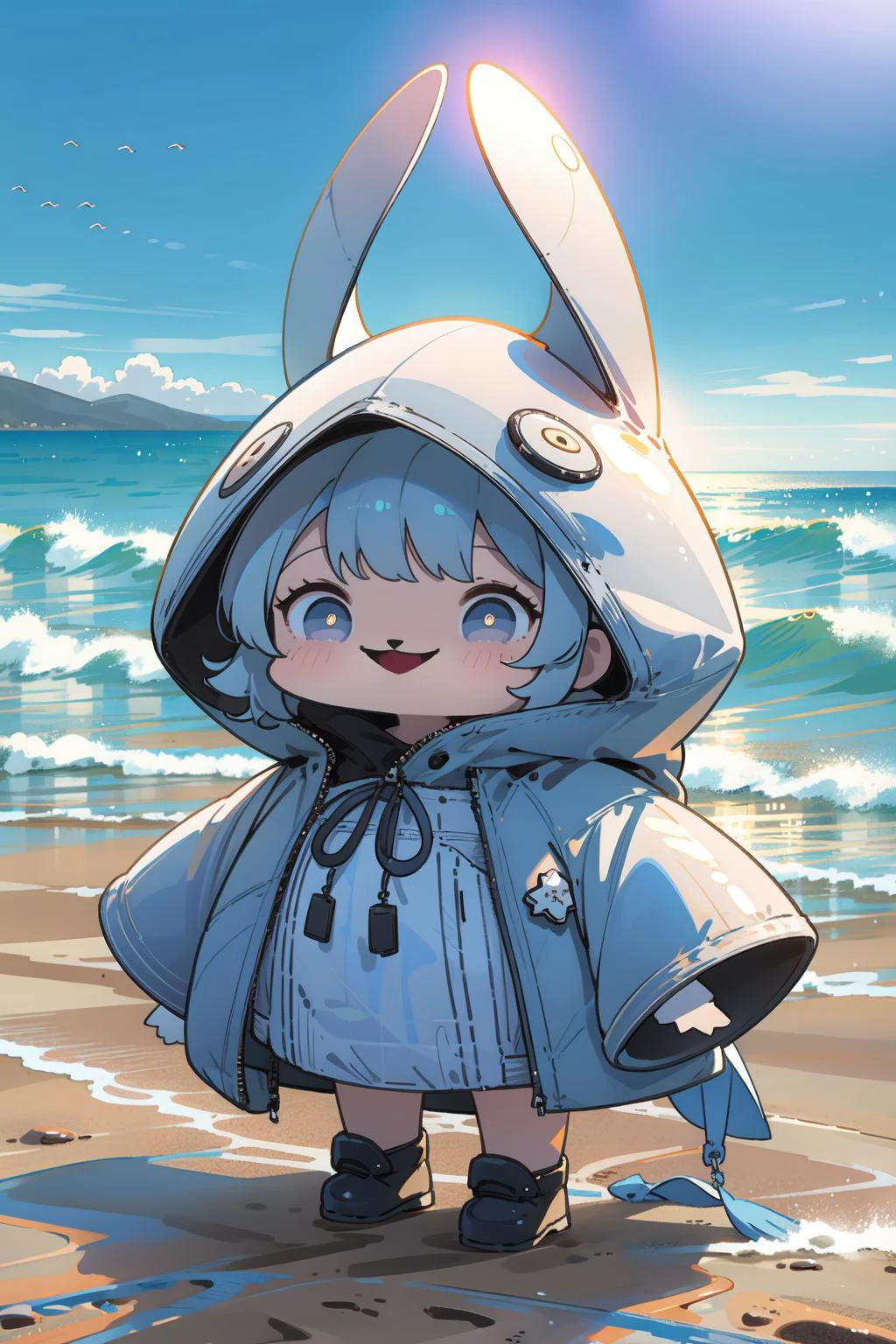 natural lighting, soft lighting, HDR (High Dynamic Range), Maximum Clarity And Sharpness, Multi-Layered Textures,(fresh and cool,bright color,cool breeze,beach,beautiful and cute smile,professional model,:1.3), <lora:HerrscherAGGA2023_Chibi_V1:0.8> AGGA_ST019, chibi, <lora:Sacabambaspis:1> sacabambaspis,fish, <lora:GlowingPP:0.8> pop style, glowing, raincoat