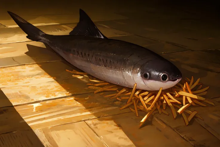 masterpiece, best quality, wide-angle Hyperdetailed, masterpiece, 8k, natural lighting, soft lighting, sunlight, HDR (High Dynamic Range), Maximum Clarity And Sharpness, Multi-Layered Textures,
, <lora:ApuSpillsHisTendiesMeme:0.8> ApuMeme, lying, tears, on stomach, food, spill, crying, shadow, tearing up, on floor, cup, french fries <lora:Sacabambaspis:1> sacabambaspis,fish,