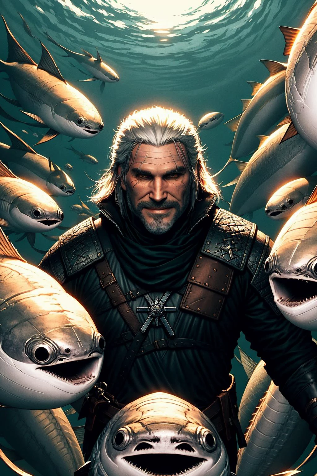 Geralt , (smile:1.3) <lora:comingto:0.8> surrounded by sacabambaspis,
cinematic lighting, film grain, <lora:Sacabambaspis-000001:0.8> sacabambaspis,fish,