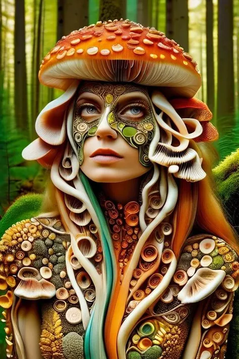 mushroomz, a woman made of mushroomz, upper body, masterpiece, realism, photography forest <lora:ral-mushroomz:1>