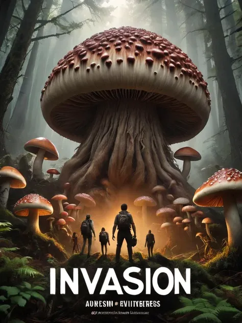 ("INVASION" text logo:1.2) <lora:Harrlogos_v2.0:1> a group of adventurers comes face to face with gigantic mushroom monster with (evil face:1.6) and huge mushroom arms and legs, film poster, cinema poster, mushroomz <lora:mushroomz-sdxl:0.4>