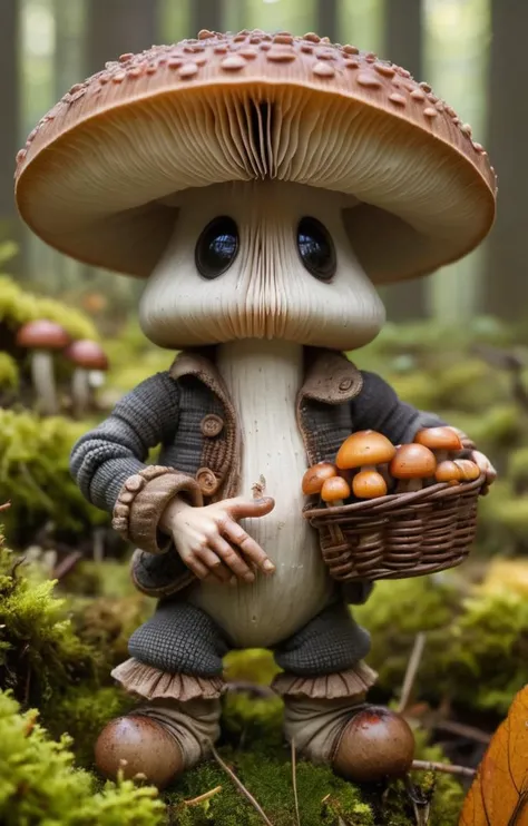 huge mushrooms, (a mushroom man with a basket:1.6), little people in a basket, mushroomz, 8k, F2.8, RAW Photo, ultra detailed, light and shadow, real life <lora:mushroomz:0.6>