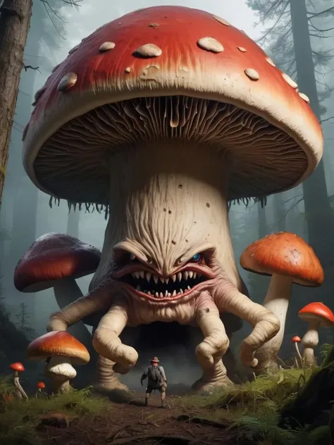 a group of adventurers comes face to face with gigantic mushroom monster with (evil face:1.4) and huge mushroom arms and legs, prehistoric creatures, their wonder quickly turning to terror as they fight for survival., mushroomz  <lora:mushroomz:0.2>