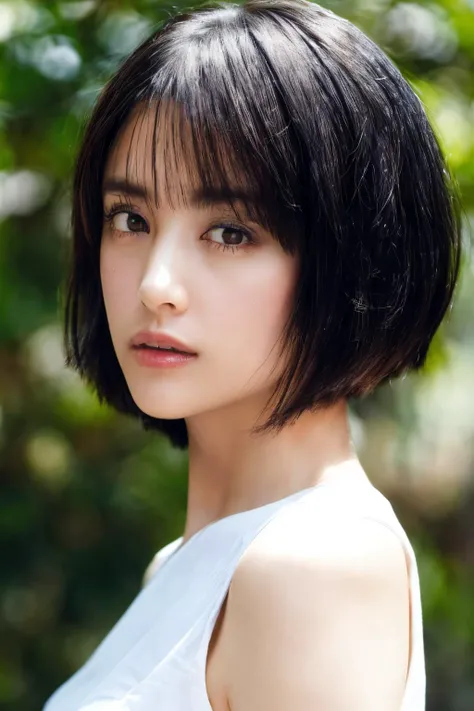 (masterpiece, best quality, beautiful quality, photorealistic, detailed lighting, extremely detailed skin, extremely detailed hair, shadows, 8k, a picture of a woman, very short hair, black hair, blunt ends, blunt bangs, upper body, 1girl, looking at viewer, fcPortrait:1.2), <lora:add_detail:1>, <lora:yamamotomizuki_lora-06:1:OUTALL>