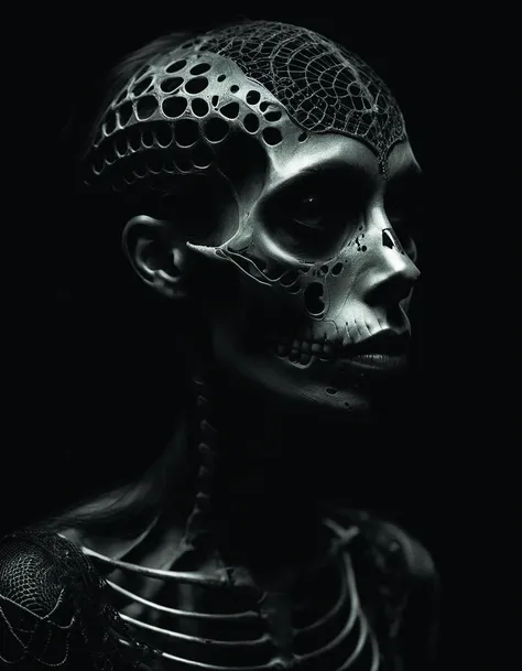 a black woman's face in profile,made of intricate black lace skeleton,in the style of the dutch masters and gregory crewdson,dark and moody ivan aivazovsky,black and white digital,matte,4k resolution,sharp focus,zkeleton <lora:zkeleton-sdxl:0.8>,<lora:add-detail-xl:1.6>,<lora:SDXL_Black_Sa_May:0.7>,DonMn1ghtm4reXL <lora:DonMn1ghtm4reXL:0.6>,Gregory Crewdson Style page <lora:Gregory Crewdson Style:0.5>,by diegocr