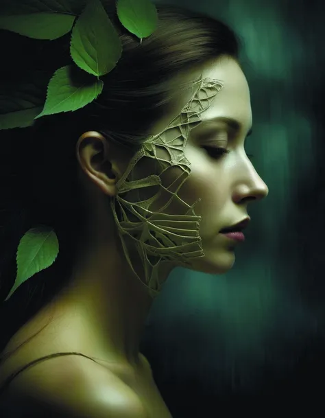 a woman with a leaf on her face and a green leaf on her face