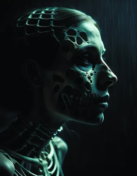 a woman's face in profile,made of intricate decorative lace leaf skeleton,in the style of the dutch masters and gregory crewdson,dark and moody,depth of field matte,cinematic,dramatic lighting,rainy and wet atmosphere,octane,4k,8k,HD,zkeleton <lora:zkeleton-sdxl:0.8>,<lora:add-detail-xl:1.6>,DonMn1ghtm4reXL <lora:DonMn1ghtm4reXL:0.7>,by diegocr,Roger Deakins Style <lora:Roger Deakins Style:0.6>,Gregory Crewdson Style page <lora:Gregory Crewdson Style:0.5>