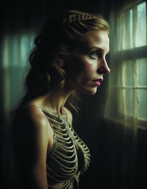 a woman's in profile,made of intricate lace skeleton,in the style of the dutch masters and gregory crewdson,dark and moody,zkeleton <lora:zkeleton-sdxl:0.8> <lora:add-detail-xl:1.6> DonMn1ghtm4reXL <lora:DonMn1ghtm4reXL:0.6> Gregory Crewdson Style page <lora:Gregory Crewdson Style:0.5>
