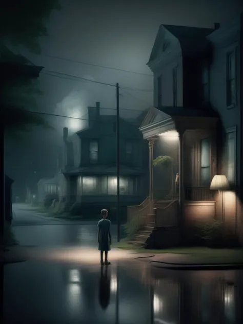 <lora:GregoryCrewdson:1>android standing in the middle of a suburban street, photographed by Gregory crewdson, eerie, beautiful cinematic photography