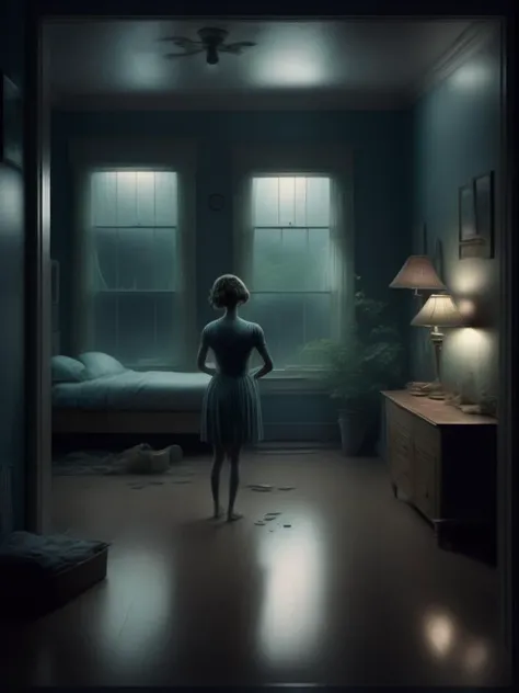 <lora:GregoryCrewdson:1>as I dance back to the body in my bed, in the style of Gregory crewdson
