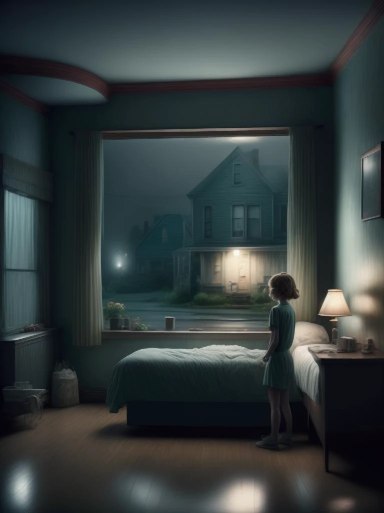 <lora:GregoryCrewdson:1>a women lied on a bed in a motel room with dusk outside the window, gregory crewdson