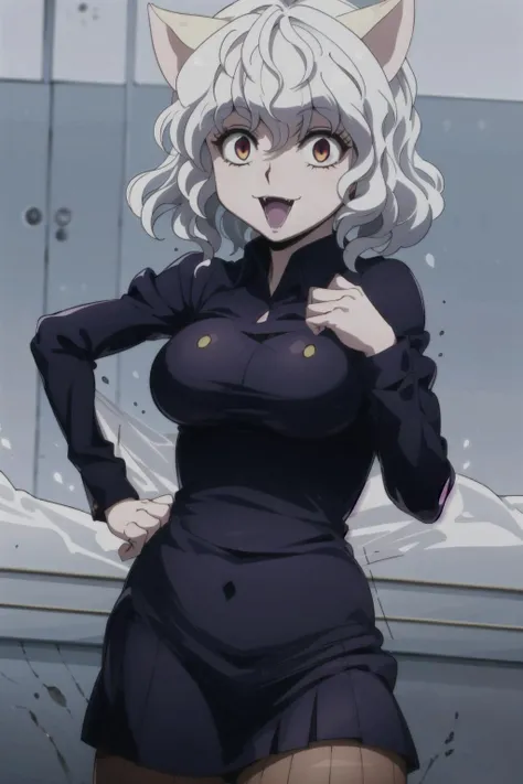 masterpiece, best quality, high detailed, high resolution, neferpitou, solo, cat ears, teasing, wide hips, skirt, lifting skirt, big smile, closed eyes, fangs, open mouth, perky breasts, breasts flash, thik legs, looking ath the viewer