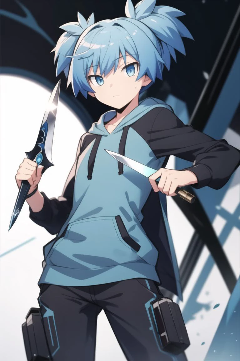 1boy,shiota_nagisa,blue hair,blue eyes,short twintail,assassin,tealthtech,hoodie,scifi,holding dagger,solo,fighting stance,expressionless,pants<lora:shiota_nagisa:0.8:lbw=katou> <lora:StealthTech-20:0.4:lbw=out0> <lora:add_detail:0.3>