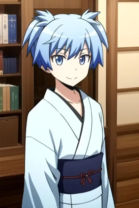 1boy, bangs, blue_eyes, blue_hair, blurry, blurry_background, bookshelf, building, closed_mouth, collarbone, depth_of_field, haori, indoors, japanese_clothes, kimono, long_sleeves, looking_at_viewer, male_focus, photo_background, smile, solo, spiked_hair, twintails, upper_body
<lora:NagisaShiotaR4:0.7>, NagisaShiotaR4, masterpiece, highres, ultra high res, best quality