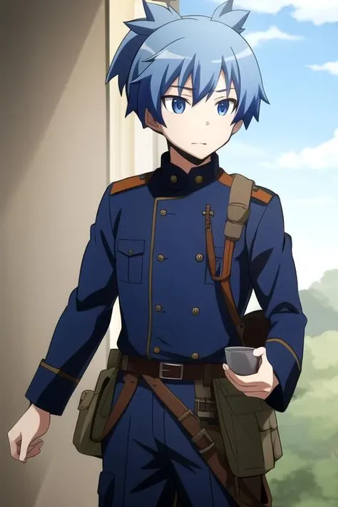 1boy,blue hair, blue eyes, military uniform
<lora:NagisaShiotaR4:0.7>, NagisaShiotaR4, masterpiece, highres, ultra high res, best quality