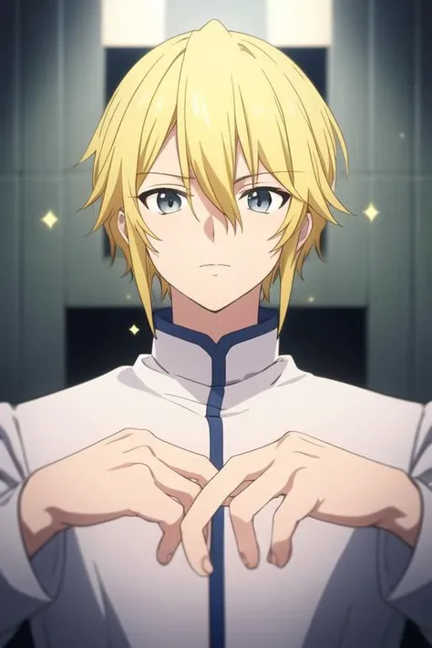 masterpiece, best quality, high quality, 1boy, solo, male focus, looking at viewer, upper body, <lora:hachisuka_mikhail:0.70>, hachisuka_mikhail, blonde hair, <lora:animemix_v3_offset:0.25>
