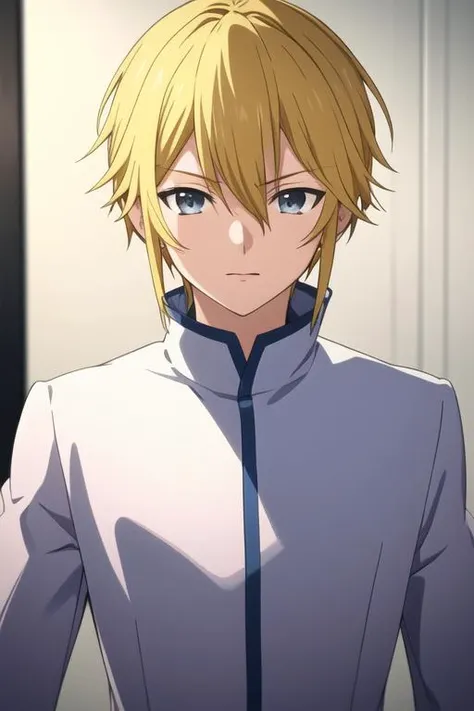 masterpiece, best quality, high quality, 1boy, solo, male focus, looking at viewer, upper body, <lora:hachisuka_mikhail:0.70>, hachisuka_mikhail, blonde hair, <lora:animemix_v3_offset:0.25>