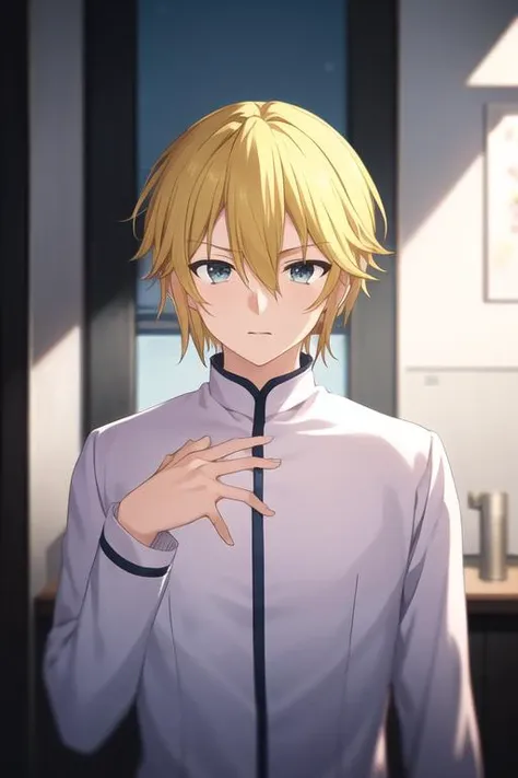 masterpiece, best quality, high quality, 1boy, solo, male focus, looking at viewer, upper body, <lora:hachisuka_mikhail:0.70>, hachisuka_mikhail, blonde hair,